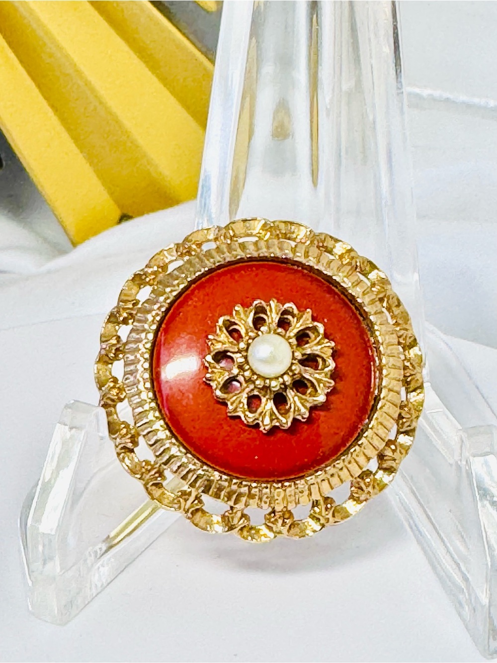 Gold-Tone Red Enamel Statement Ring with Pearl Accent